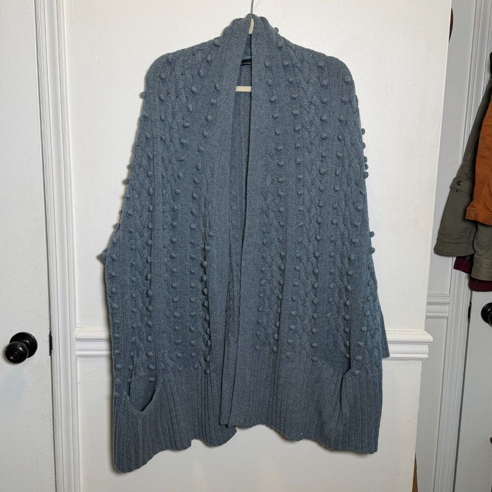 Moda International Wool Blend Cable Knit Bobble Cardigan Sweater XL Blue